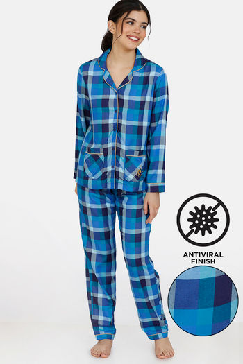 Buy Zivame Classic Woven Antiviral Finish Pyjama Set - Nebulas Blue